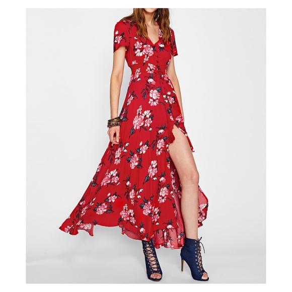 Red Floral Button Down Short Sleeve Maxi Dress - Picture 2 of 5